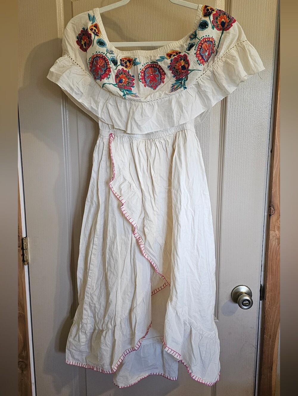 Altar'd State Cream Bolo Dress With Embroidered Flowers And Ruffled Neckline Sm
